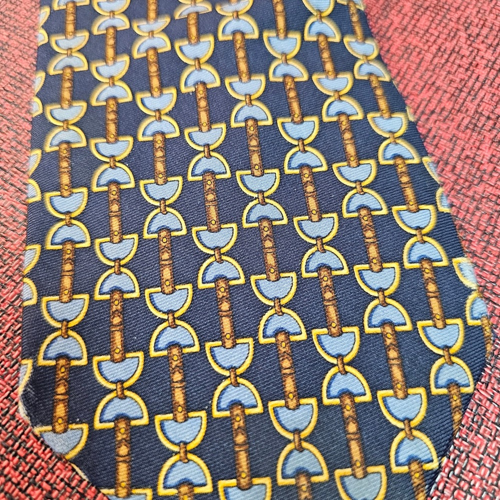 Vintage 80s Brooks Brothers Makers Silk Tie Navy Gold Equestrian Ivy League USA - Picture 2 of 8